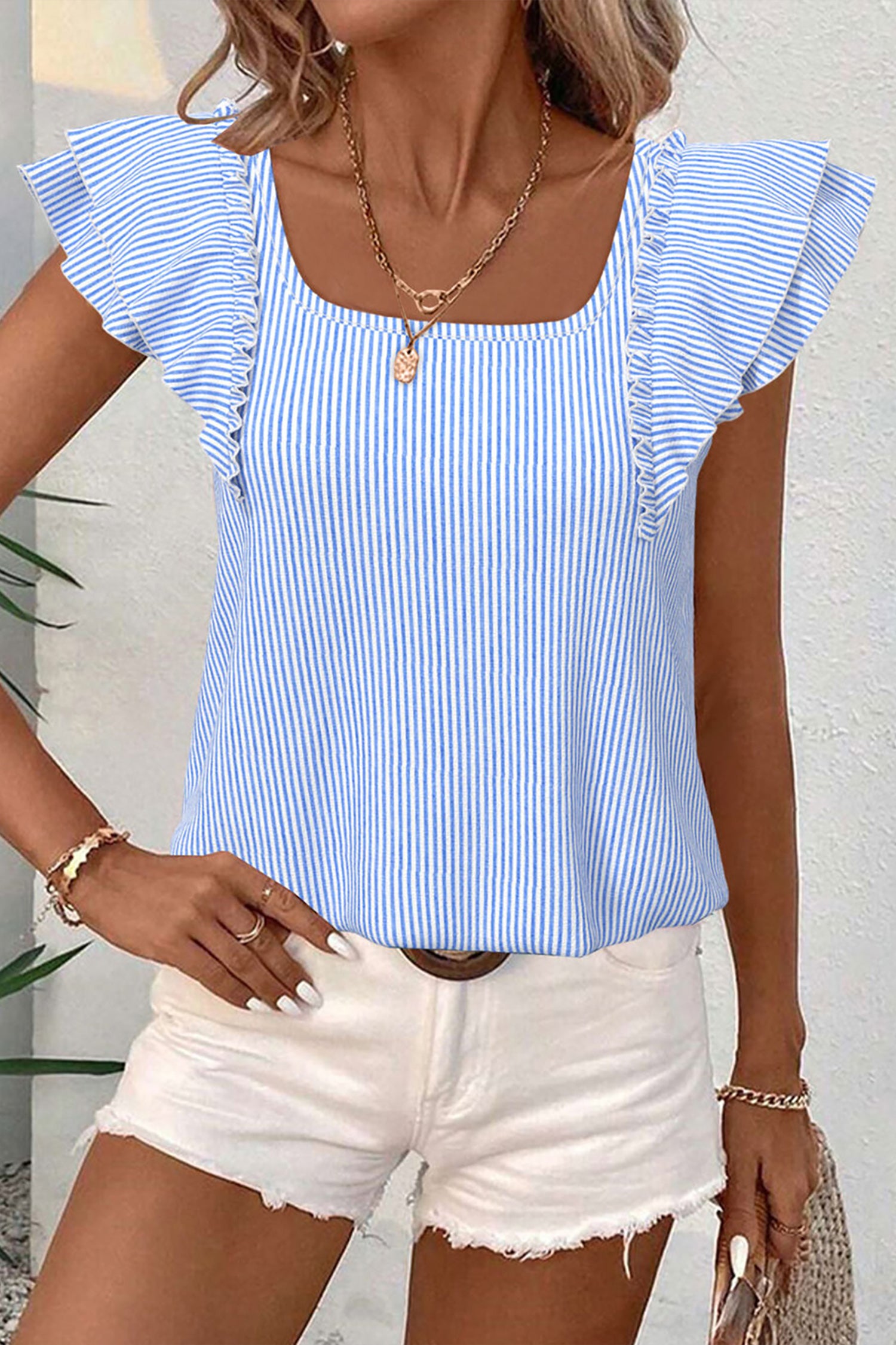Square Neck Bow Back Ruffle Sleeve Blouse – Blue Stripe