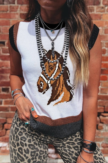 White Western Horse Head Colour Block Trim Sweater Vest