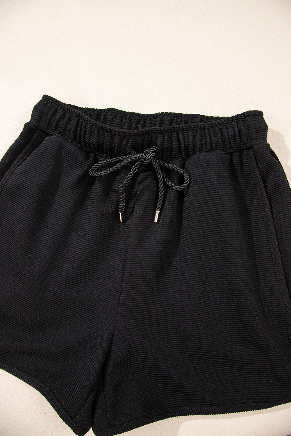 Black Textured Quarter Zip Kangaroo Pocket Top Drawstring Shorts Set eAura