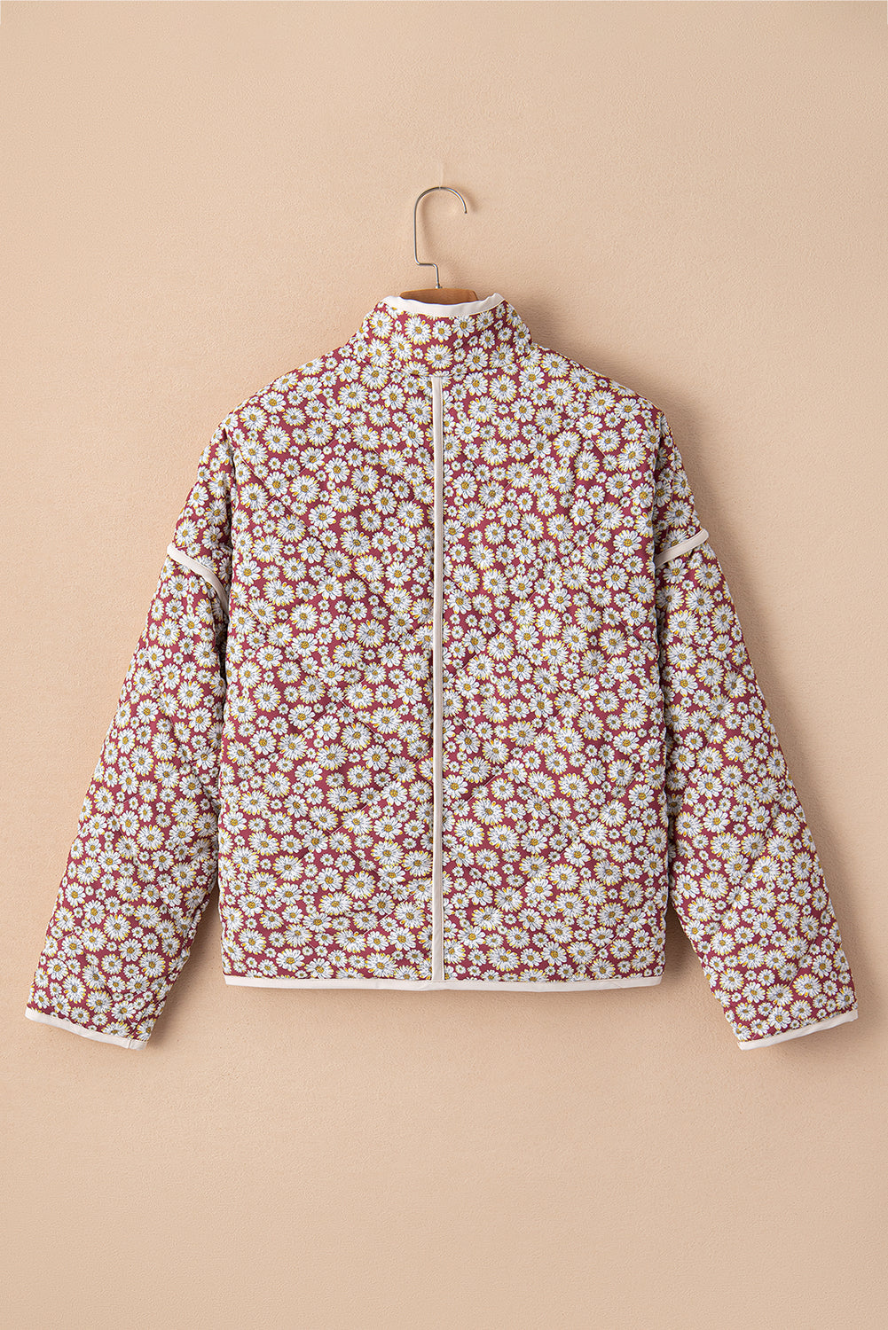 Pink Floral Print Contrast Edge Stand Neck Coat eAura