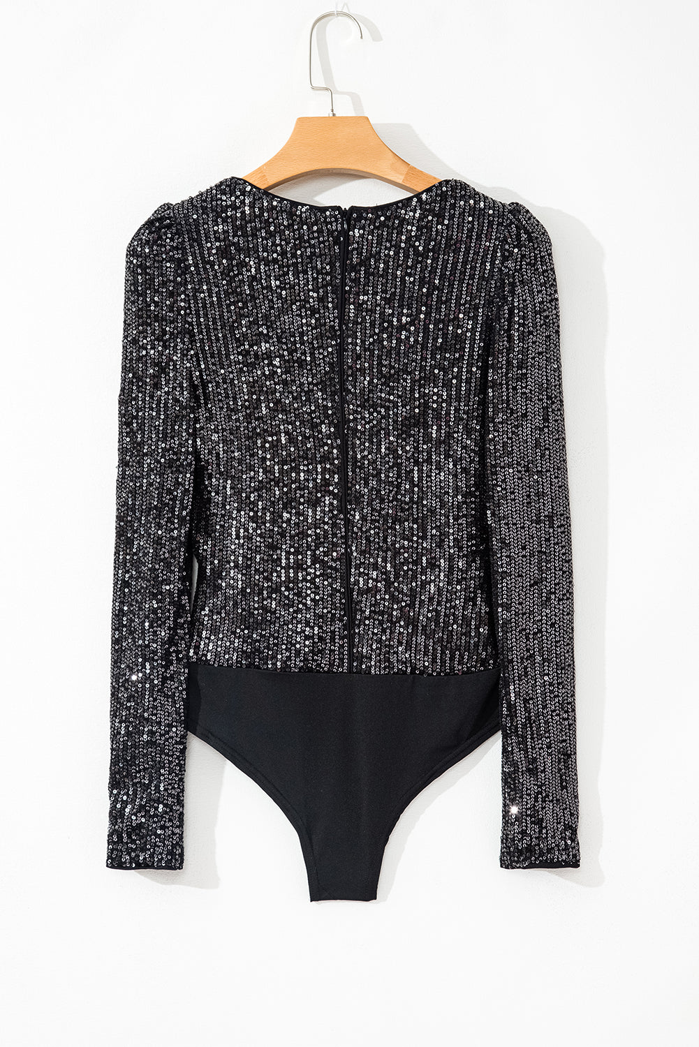 Black Sequin V Neck Zipped Long Sleeve Bodysuit eAura