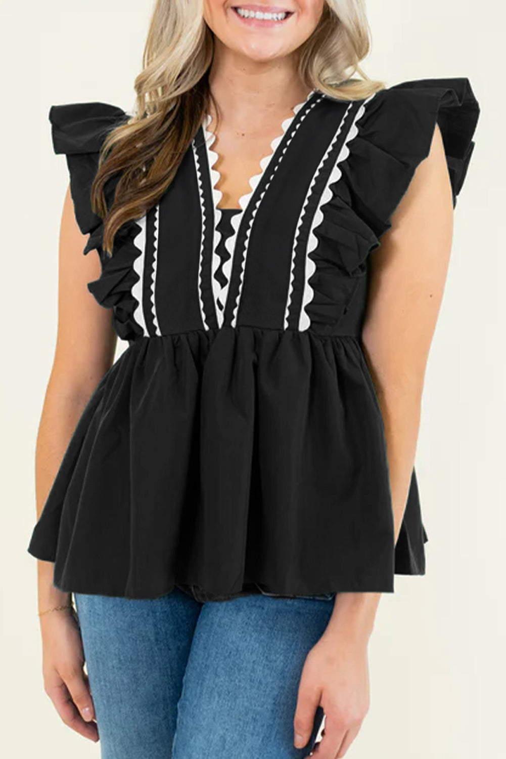 Black Contrast Ricrac Trim Ruffled V Neck Peplum Top eAura