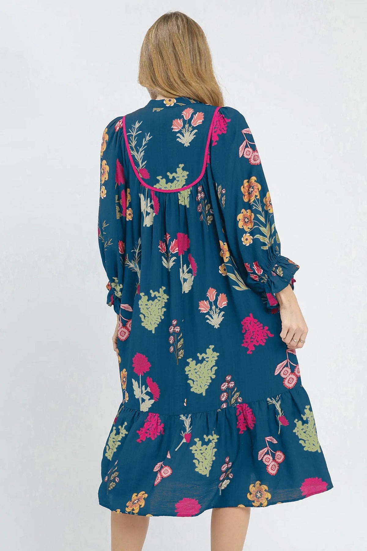 Floral Print Gathered Neckline 7/8 Sleeve Casual Midi Dress