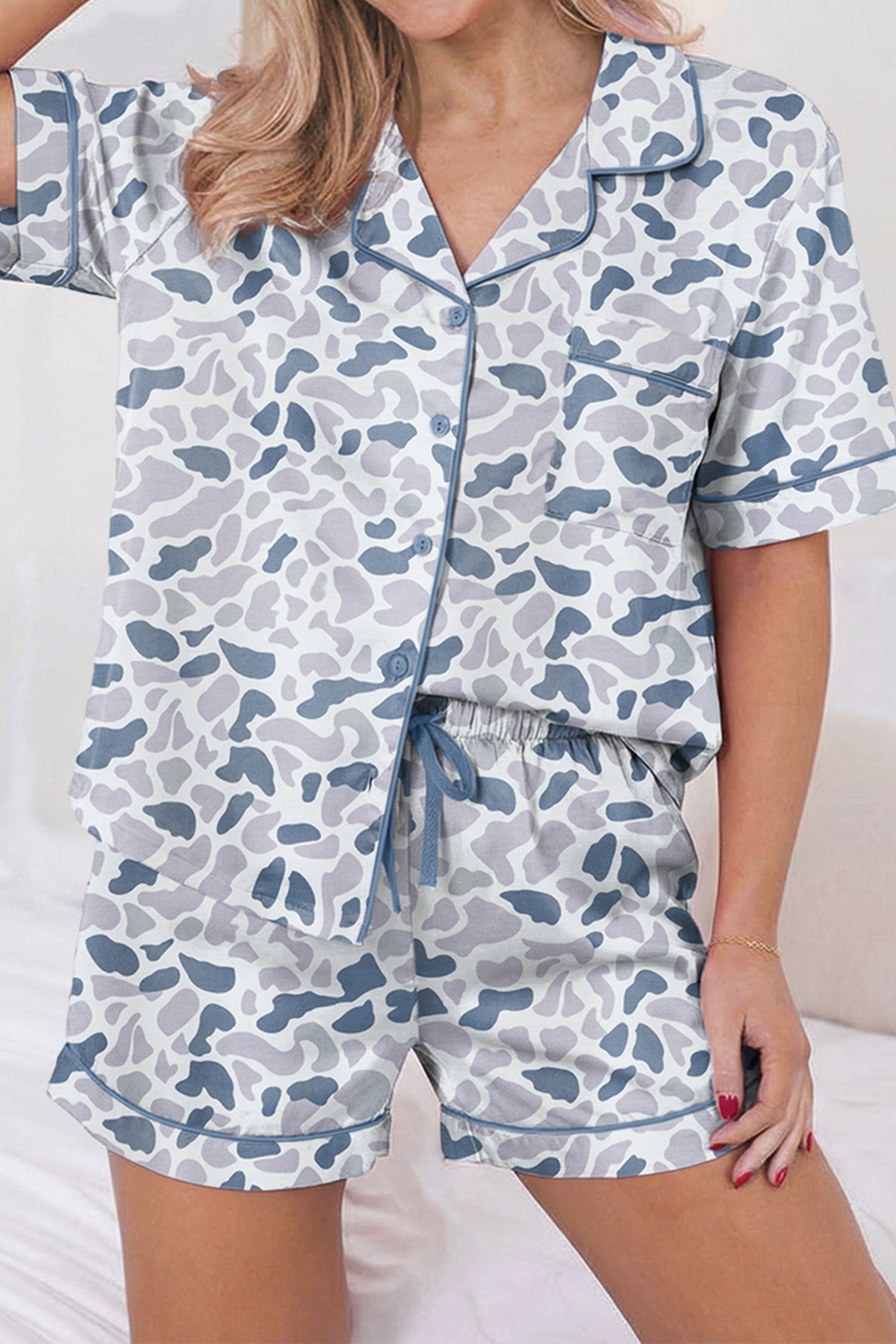 Polka Dot Lapel Shirt & Drawstring Shorts Pyjama Set – Beige