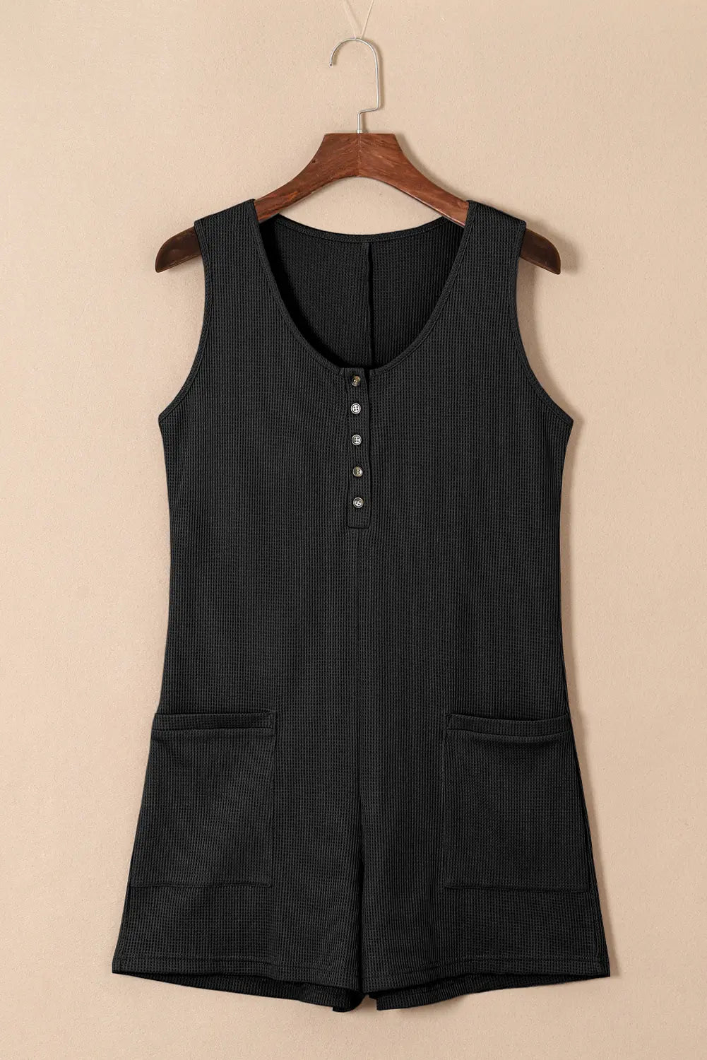 Light Pink Waffle Sleeveless U Neck Buttons Romper With Pockets