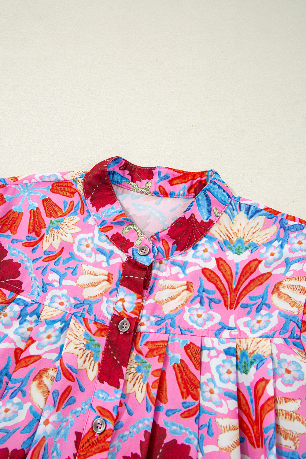 Floral Print Bubble Sleeve Button-Up Pleated Shirt – Pink