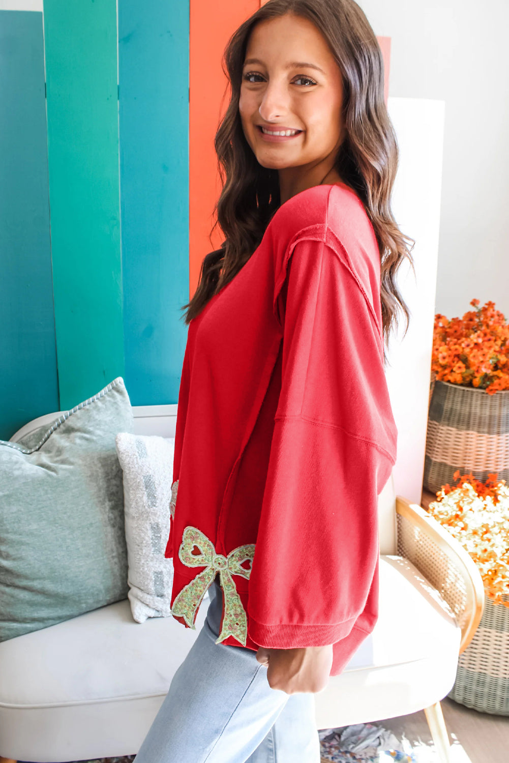 Floral Bow Patched Exposed Seam Oversized Sweatshirt - Tops/Sweatshirts & Hoodies