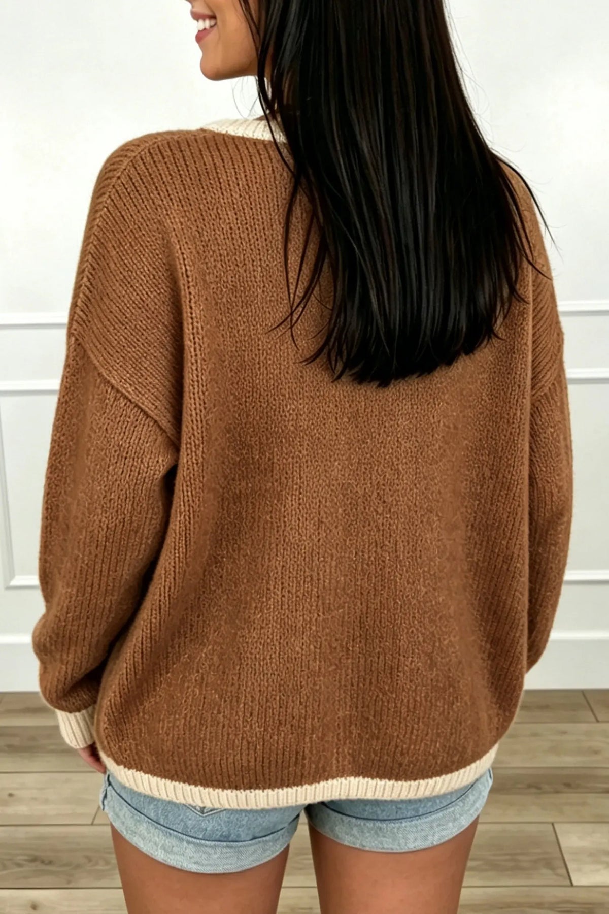 Cardigan Contrast Trim V-Neck Tie Front Loose Sweater