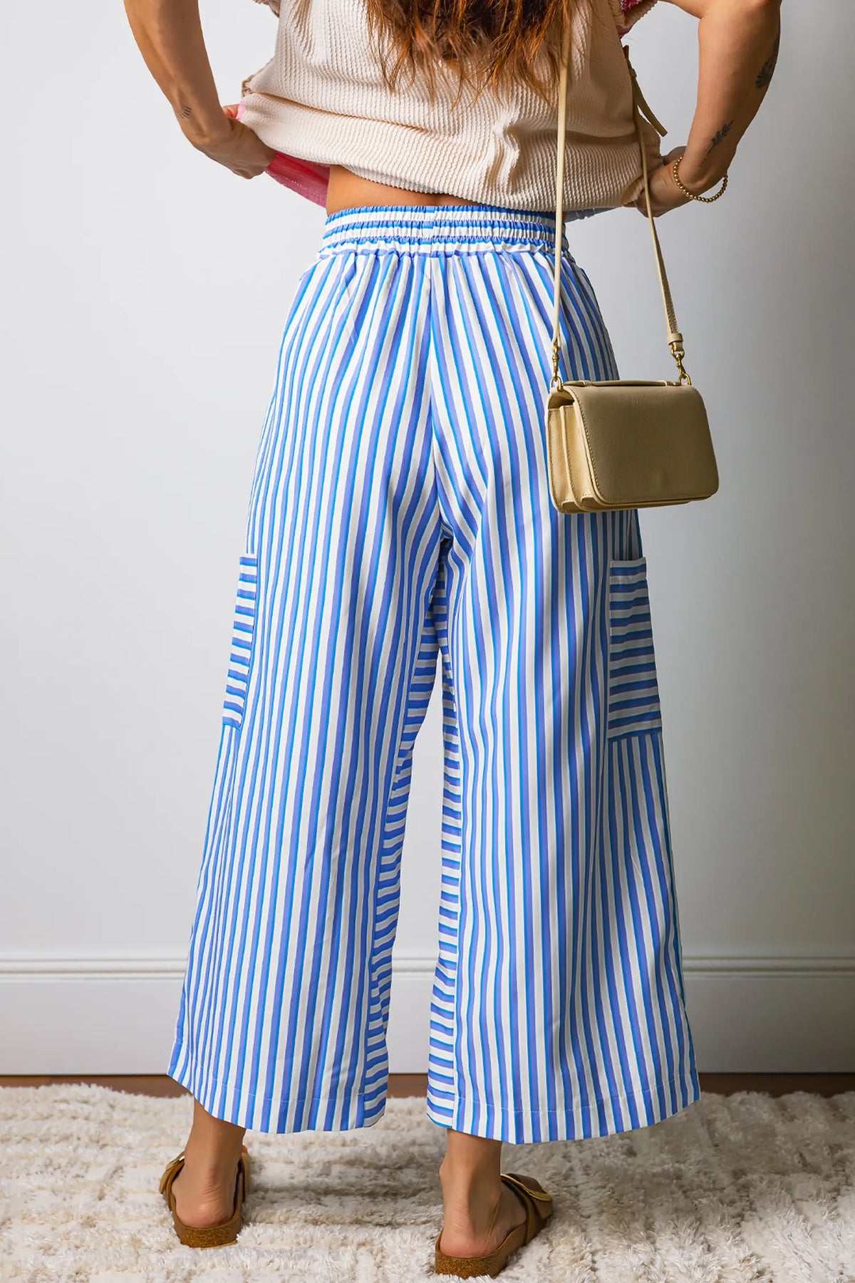Drawstring Elastic Waist Patch Pocket Wide Leg Ankle-length Pants – Sky Blue Stripe