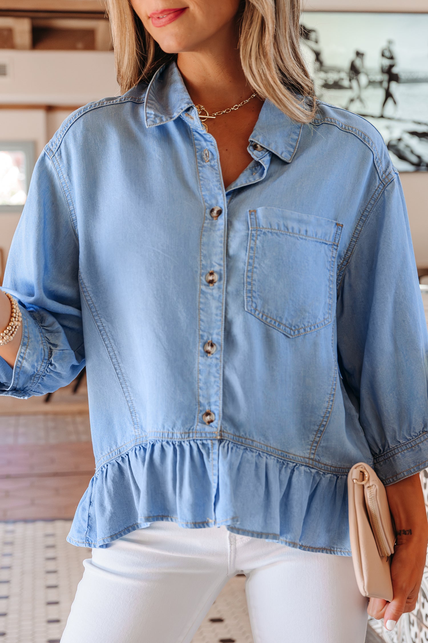 Half Sleeve Button-Down Ruffle Hem High-Low Chambray Shirt – Blue
