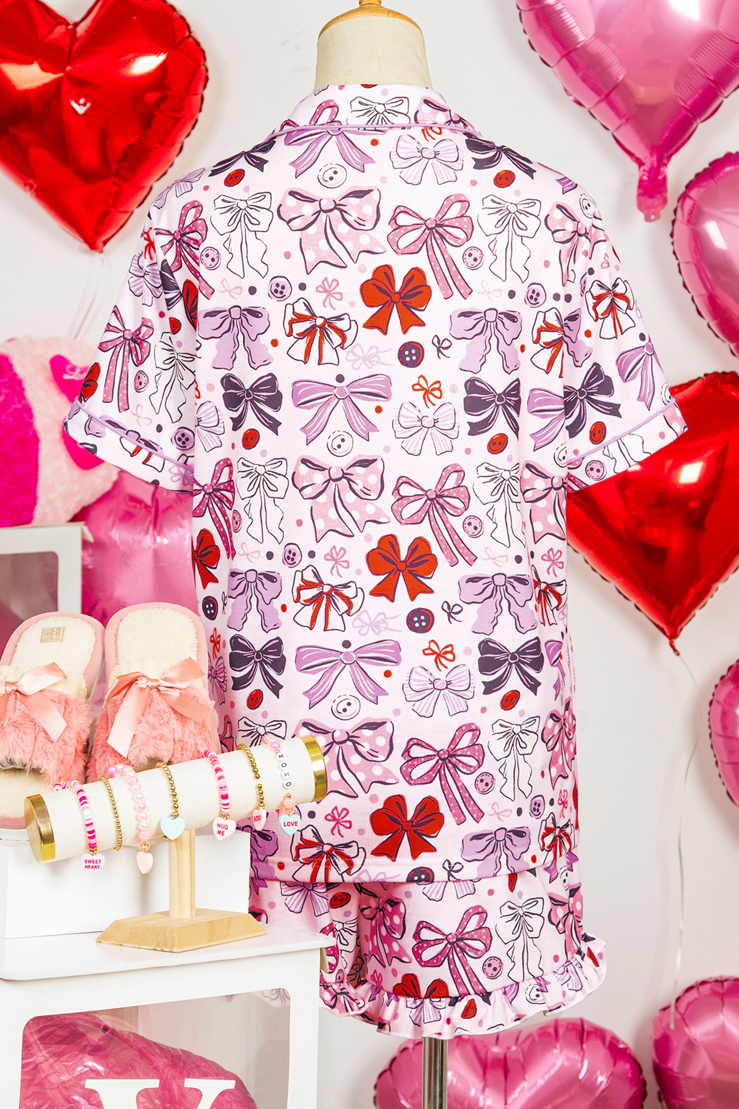 Cute Ribbon Bows Printed 2pcs Short Pajama Set – Pink
