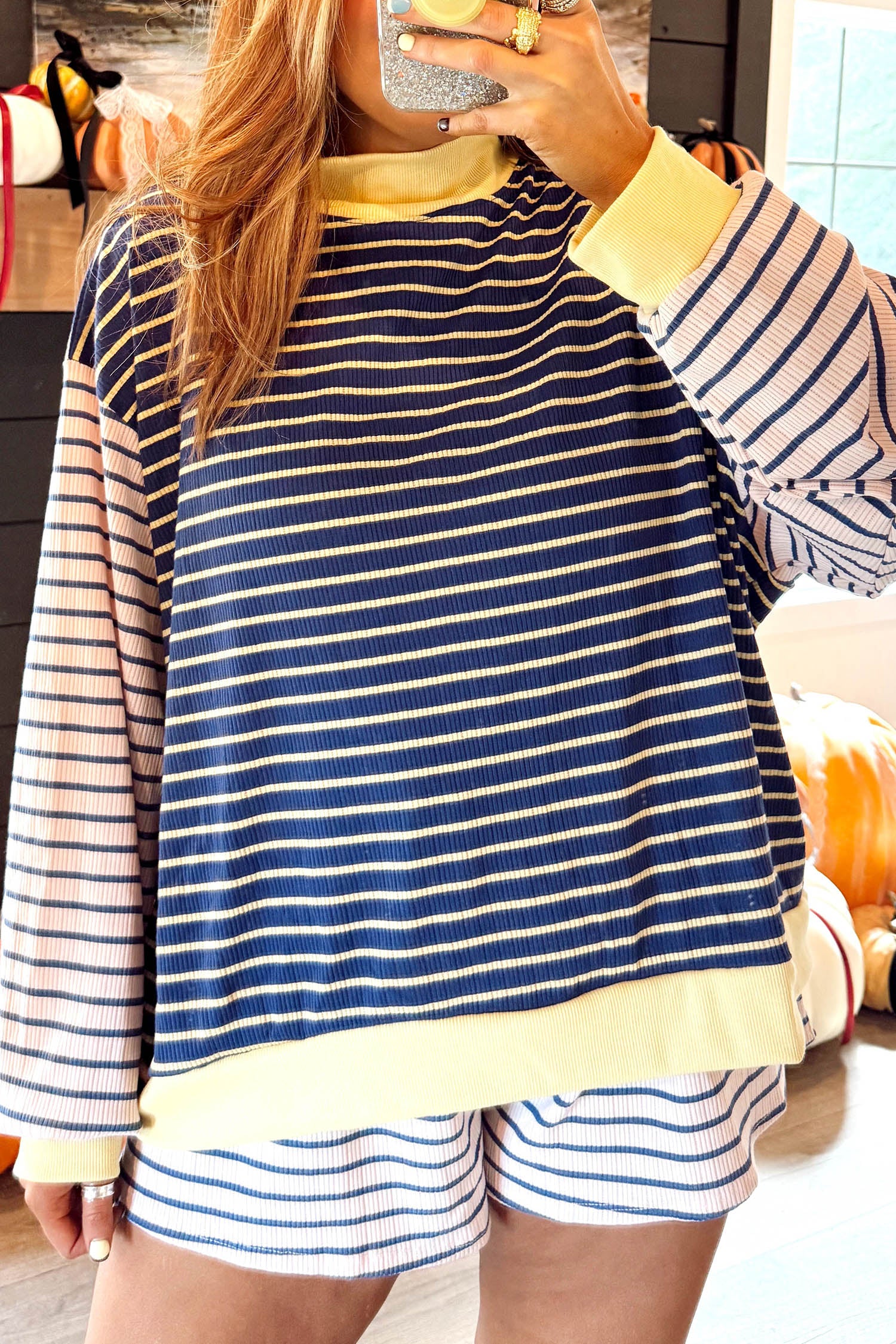 Color Block Long Sleeve Pullover Ribbed Knit Casual Shorts Set – Blue Stripe