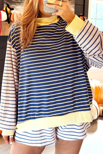 Color Block Long Sleeve Pullover Ribbed Knit Casual Shorts Set – Blue Stripe