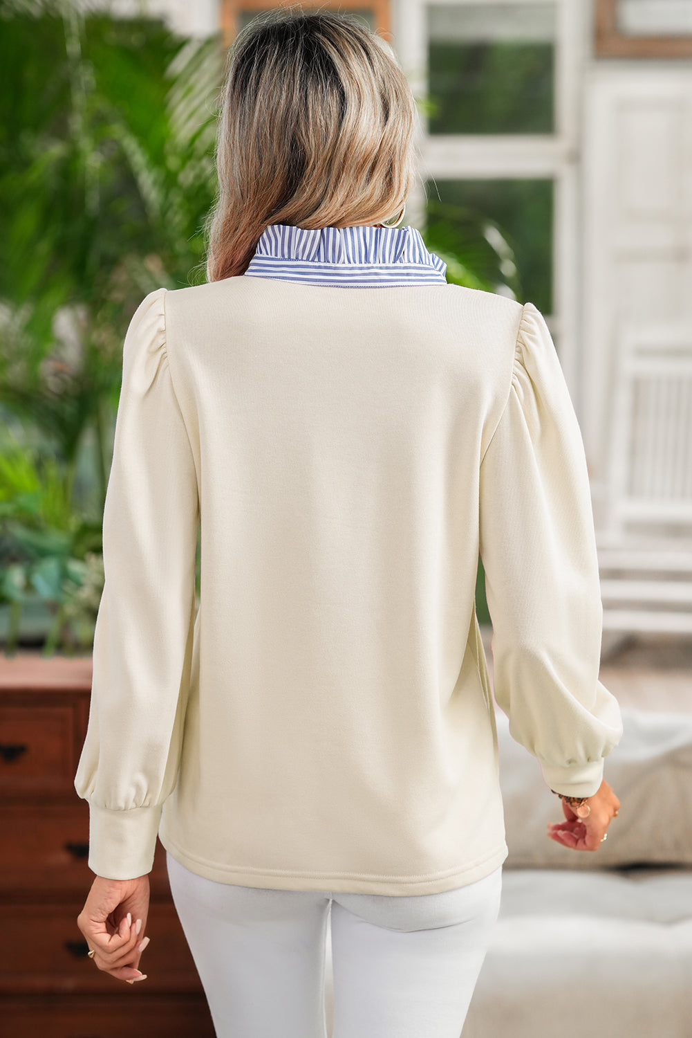 Button Striped Collar Patchwork Puff Sleeve Sweatshirt - eAura