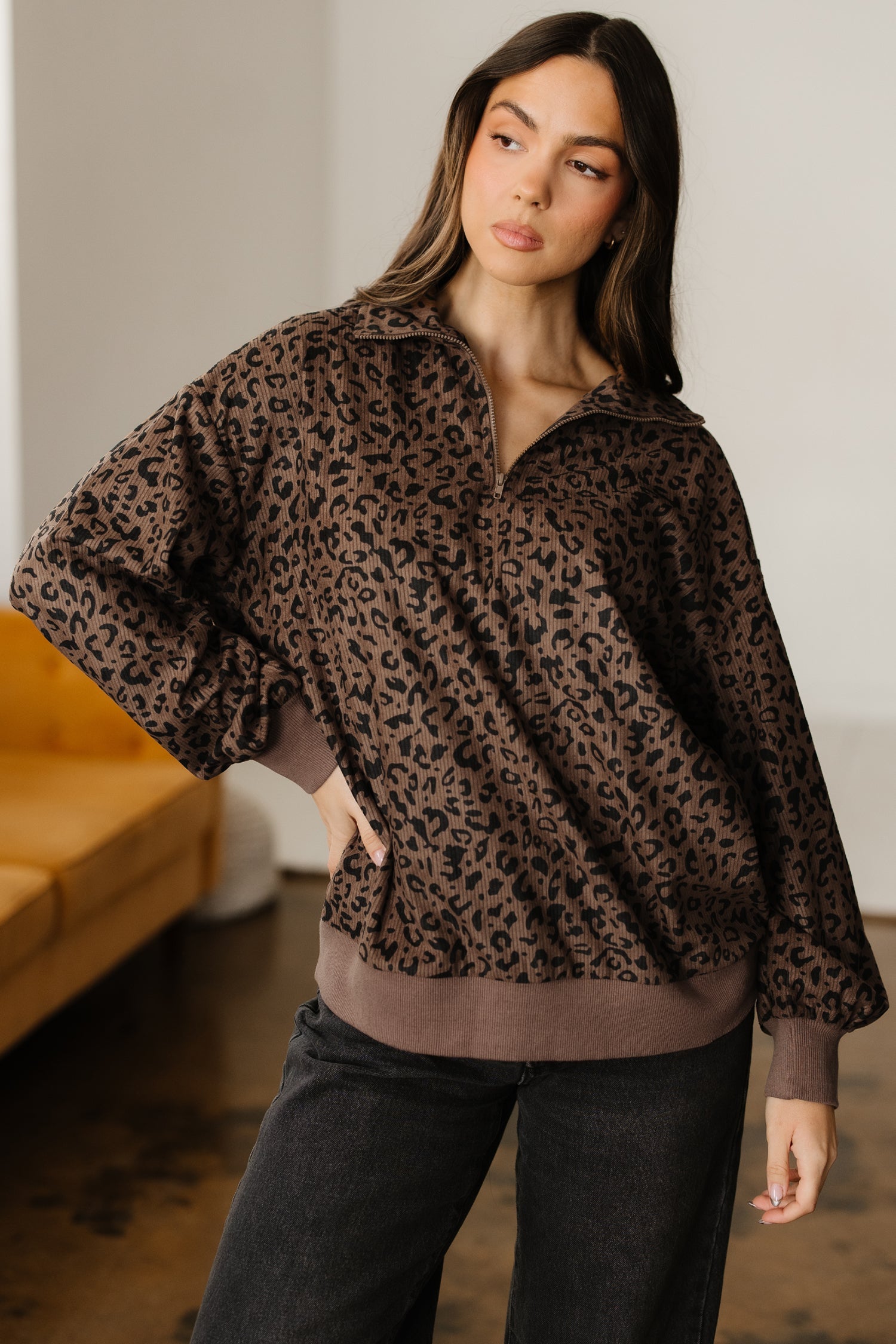 Leopard Print Quarter Zip Soft Corduroy Sweatshirt - Tops/Sweatshirts & Hoodies