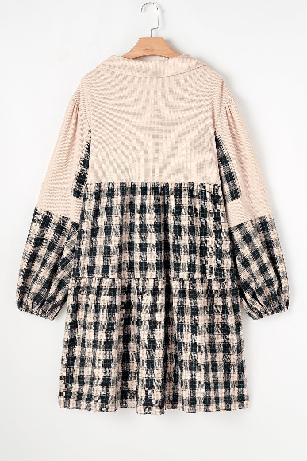 Black Plaid Waffle Knit Patchwork Collared V Neck Plus Size Mini Dress BB Fashion Outlet