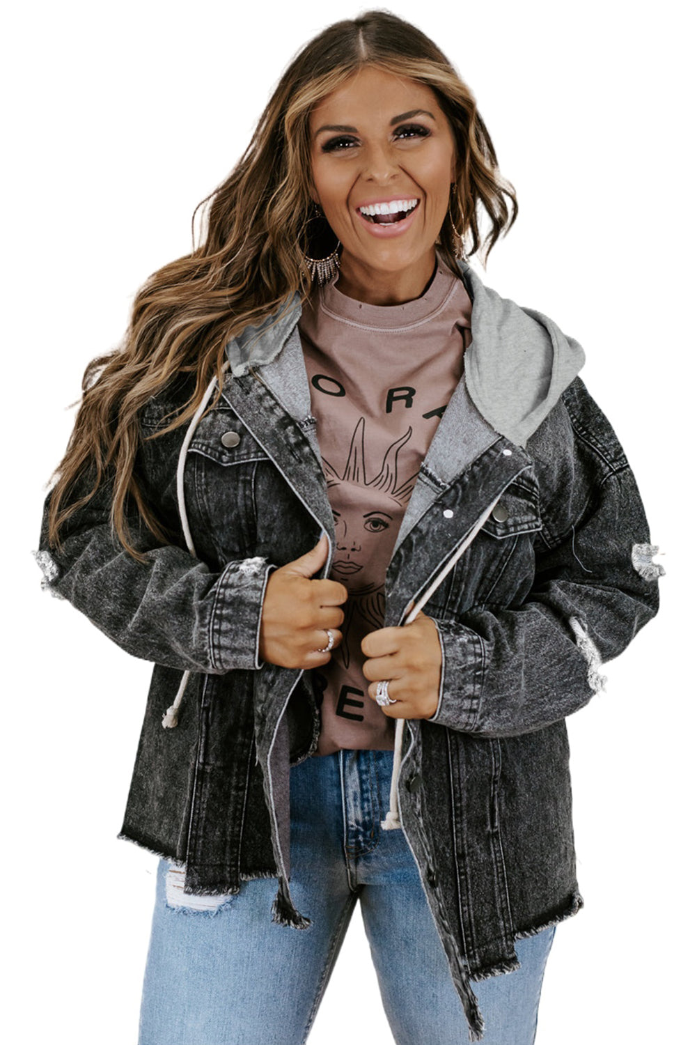 Black Drawstring Hooded Frayed Denim Jacket eAura
