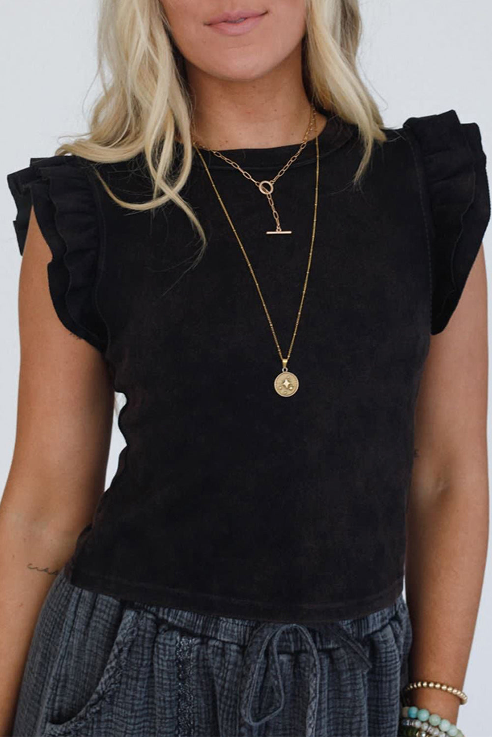 Black Ruffled Crew Neck Slim Fit Top eAura