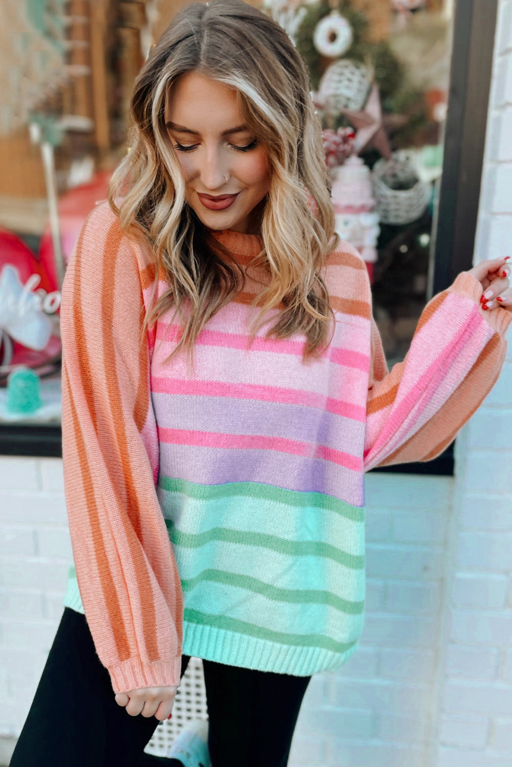 Yellow Stripe Gradient Striped Ribbed Edge Loose Sweater eAura