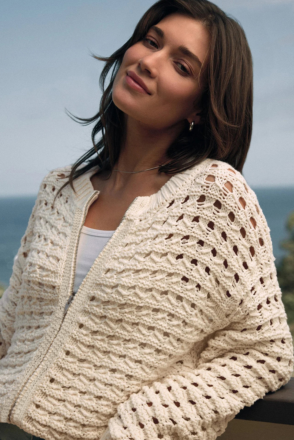 Beige Hollowed Knit Zip-Up Drop Shoulder Cardigan - eAura