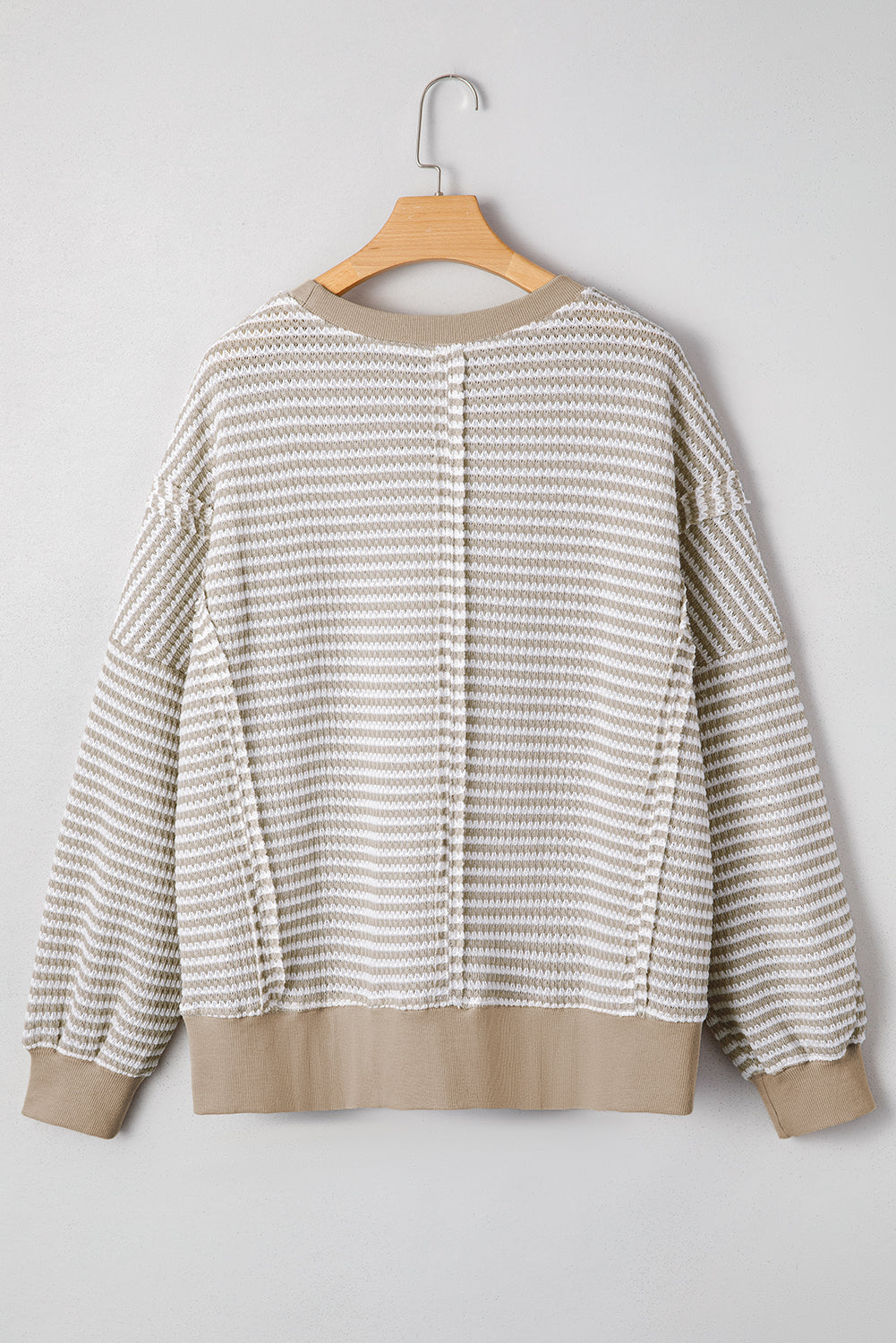 Stripe Ribbed Trim Drop Shoulder Long Sleeve Oversize Top - eAura