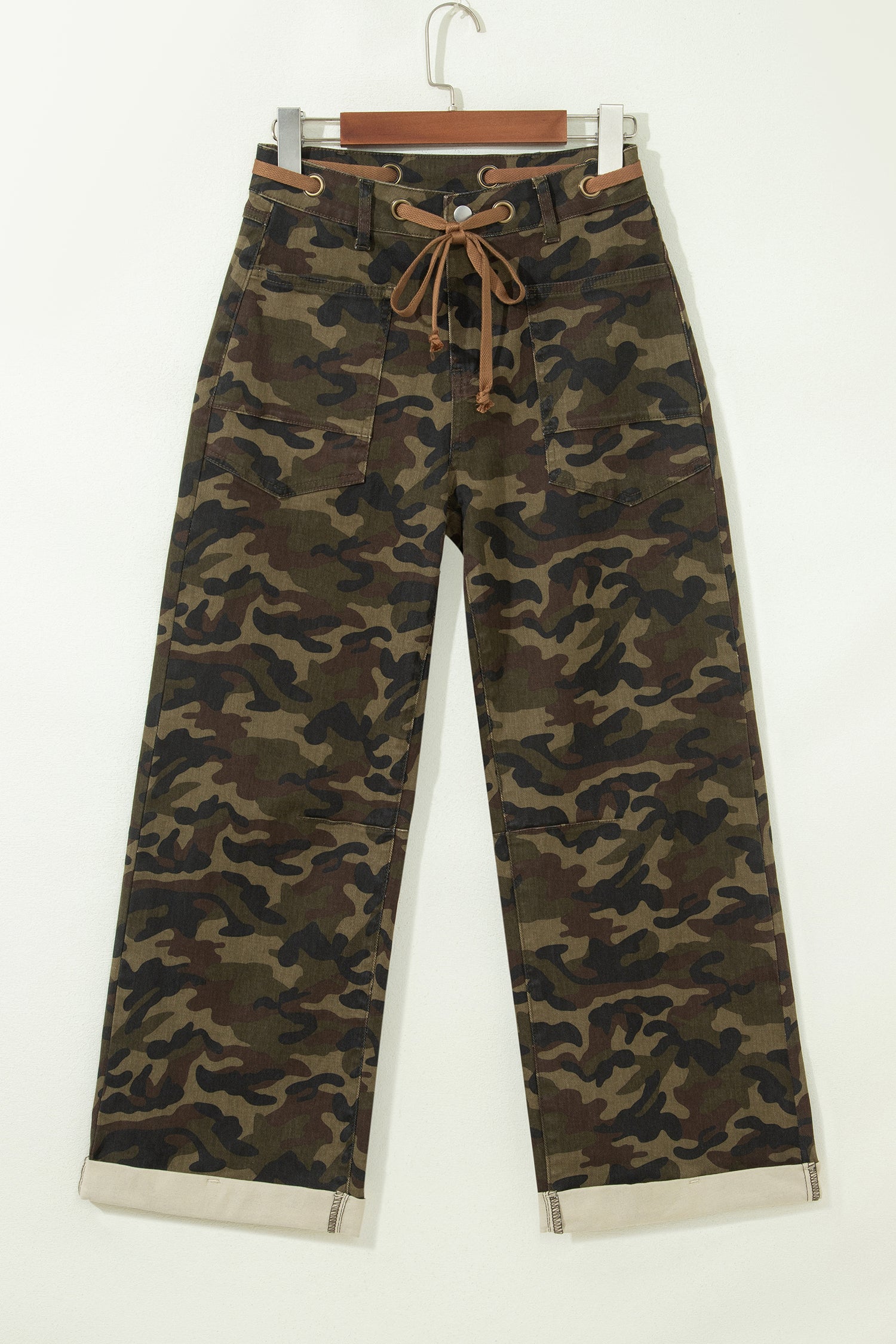 Camouflage Print Retro Grommet Tie Waist Loose Jeans – Multicolour