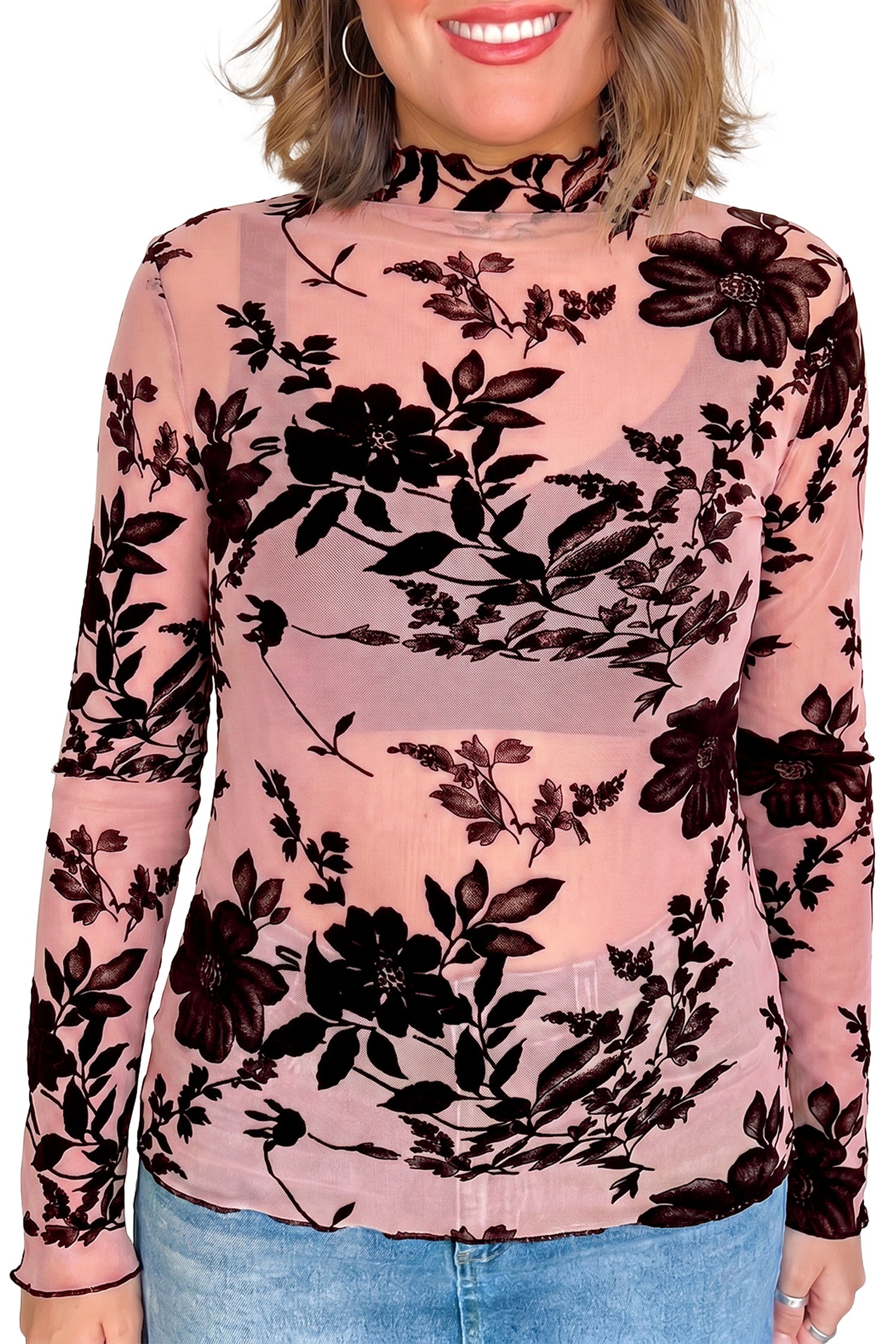 Gossamer Pink Retro Floral Print Mesh Long Sleeve Pullover Blouse – Light Pink
