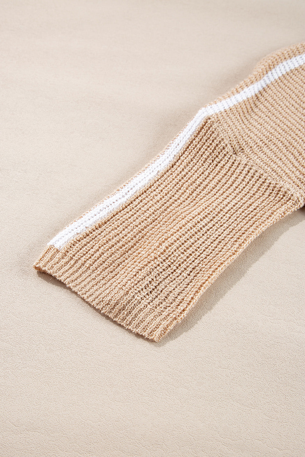 Light French Beige Contrast Striped 3/4 Sleeve Crew Neck Sweater eAura
