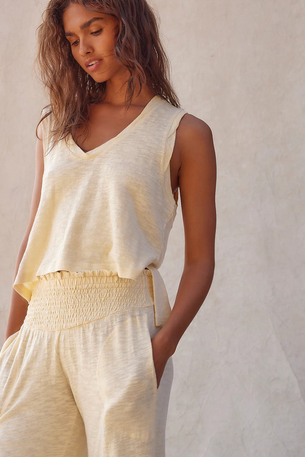 Beige Semi-Sheer Sleeveless Top and Smocked Waist Trousers Set Co-ord eAura