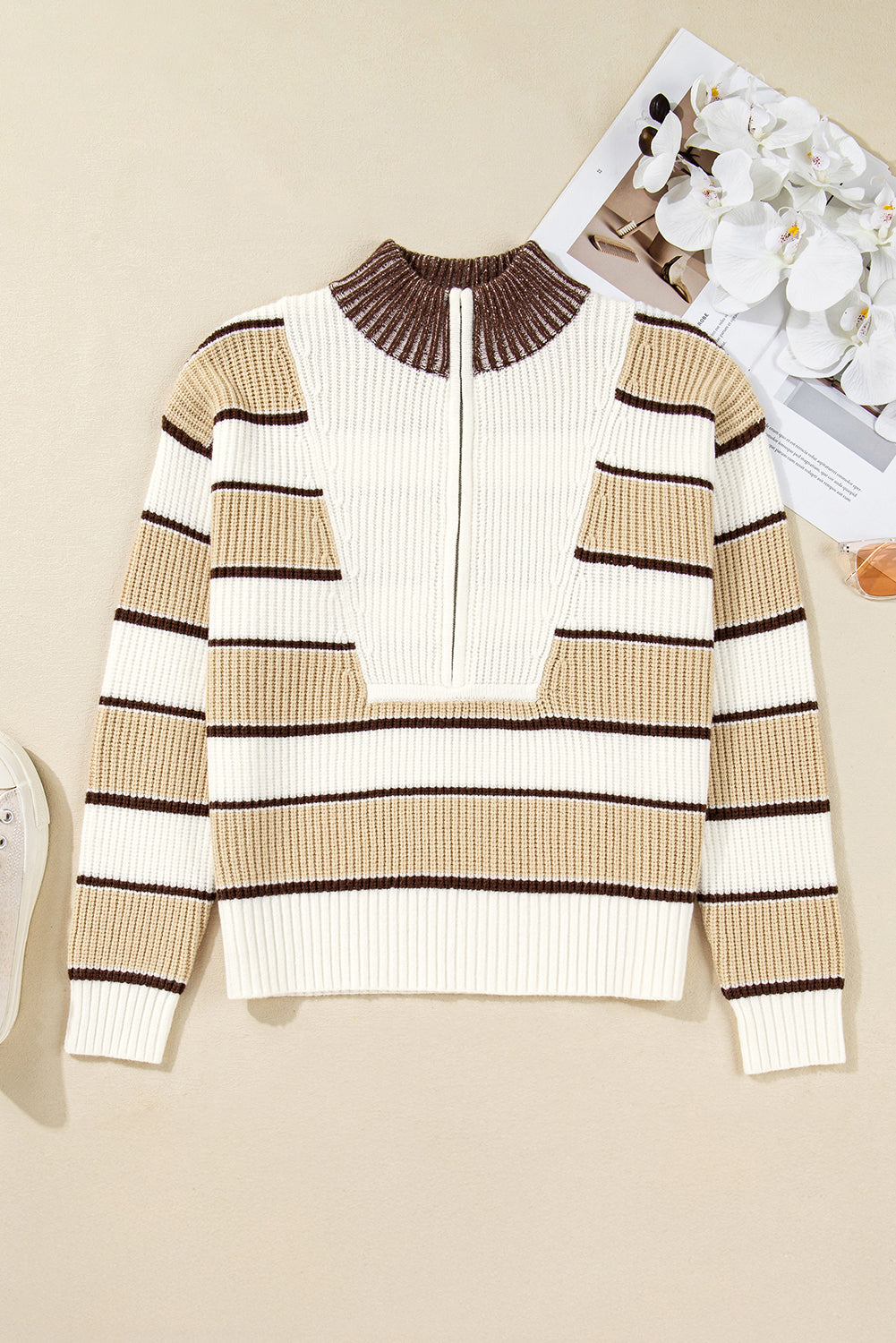 Stripe Half Zip Drop Shoulder Sweater - eAura