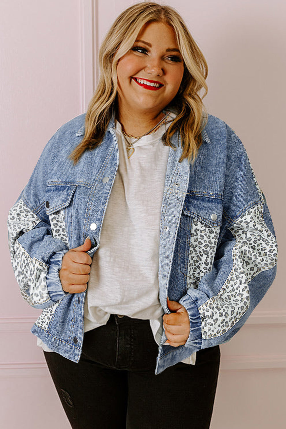 Beau Blue Leopard Patchwork Flap Detail Plus Size Denim Jacket Beagle Boutique Fashion Outlet