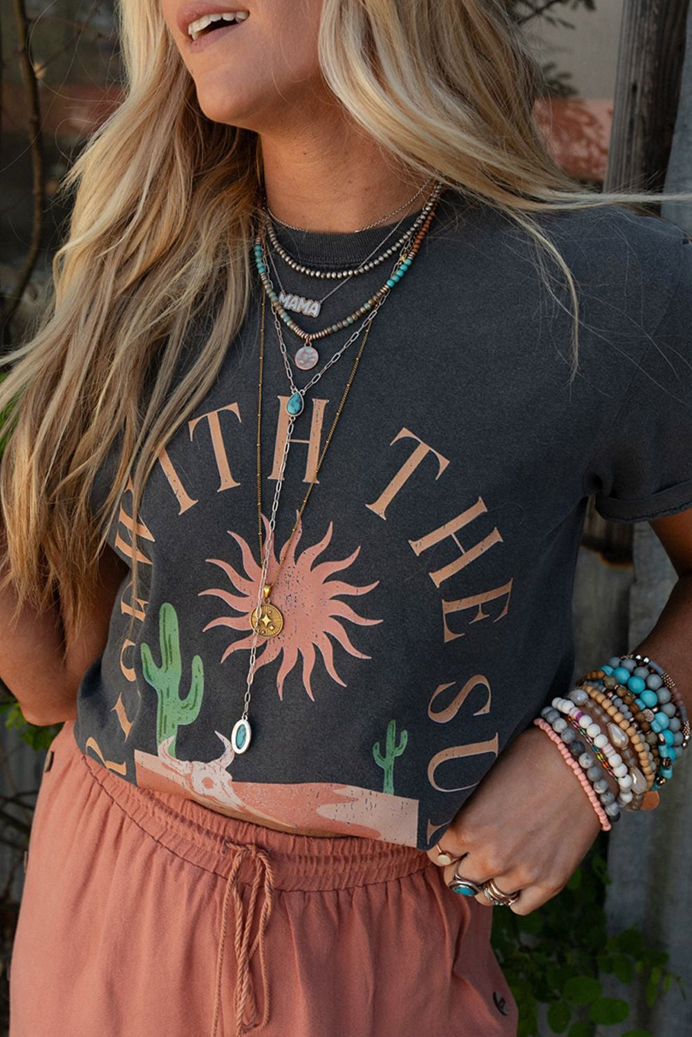 Dark Grey RISE WITH THE SUN Western Fashion Graphic Tee eAura