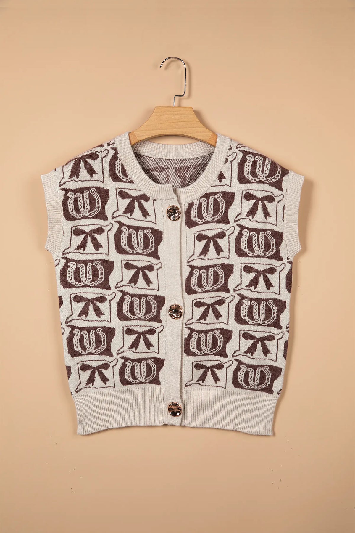 Western Horseshoe Bow Pattern Button Front Sleeveless Knit Sweater – Brown