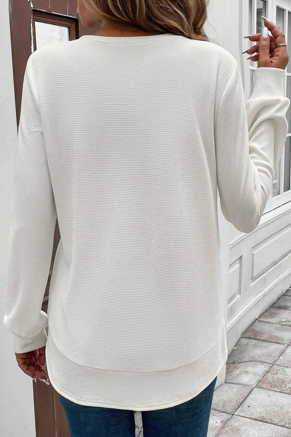 Rounded Hem Waffle Long Sleeve Top - eAura
