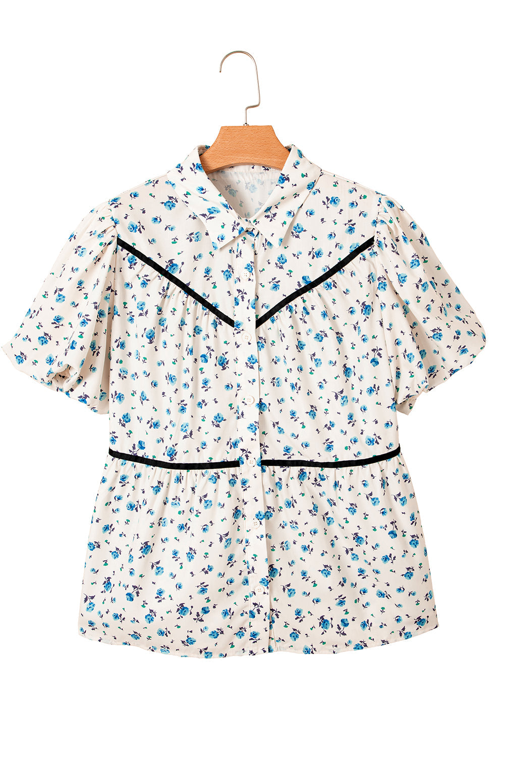 White Contrast Trim Floral Puff Short Sleeve Shirt BB Fashion Outlet