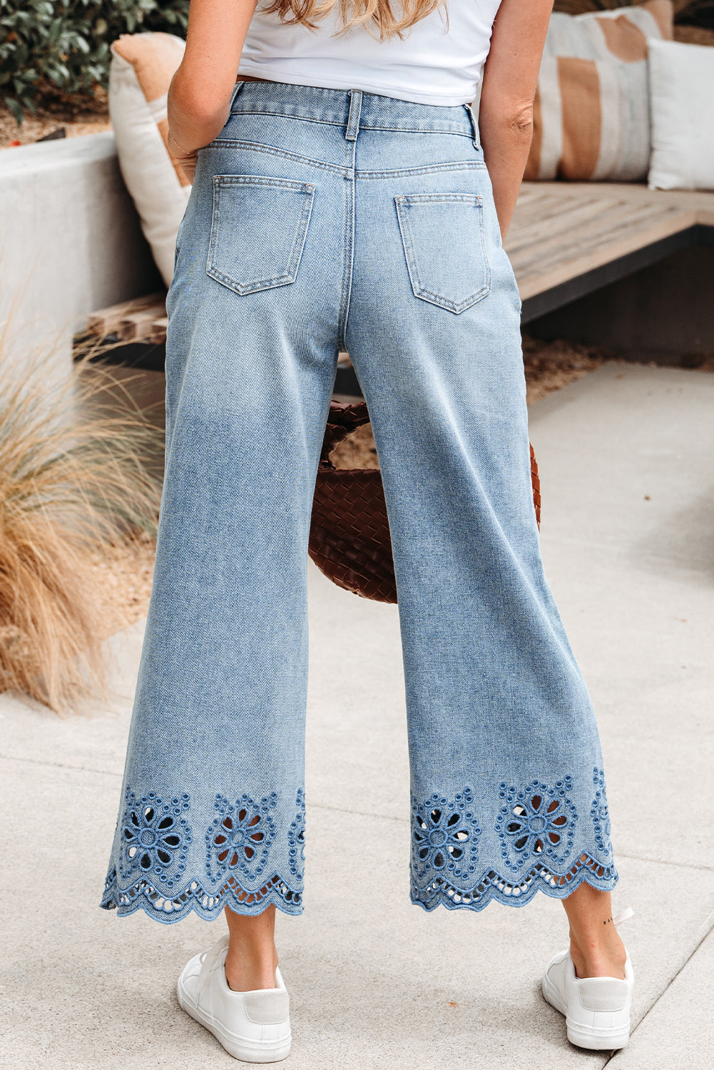 Embroidered Cropped Wide Leg High Waist Jeans - eAura