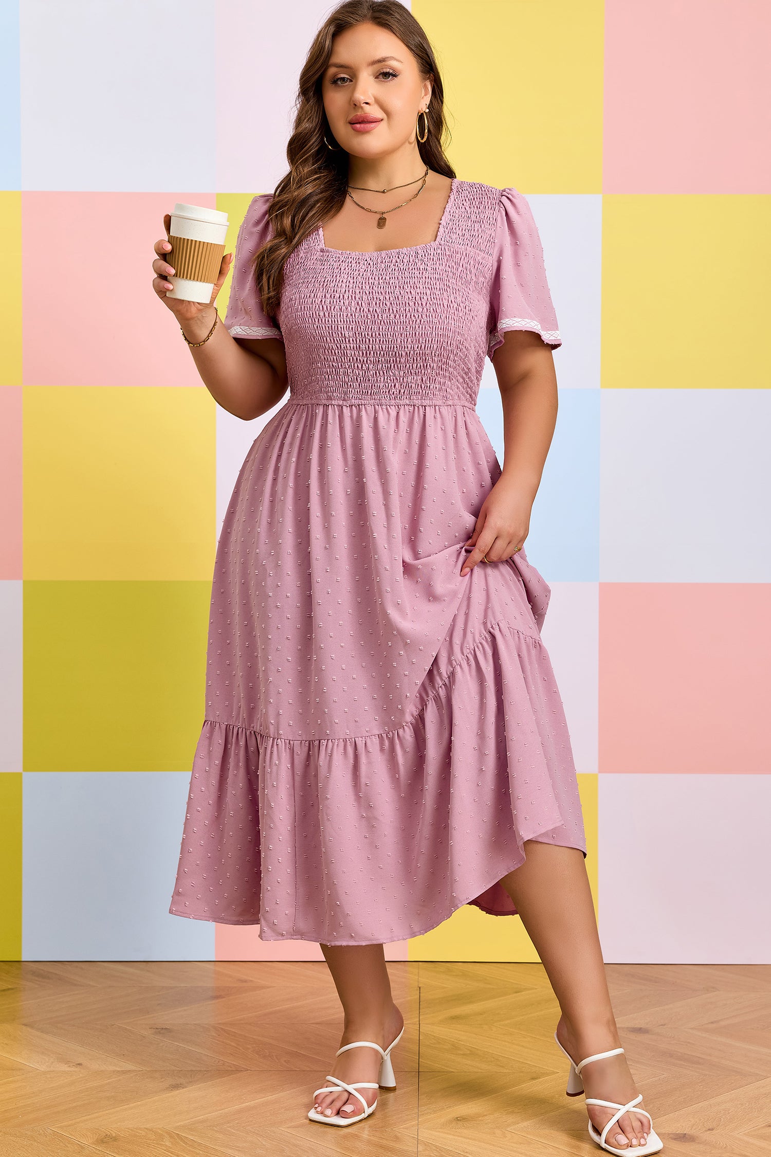 Plus Size Swiss Dot Smocked High Waist Flowy Midi Dress – Pink