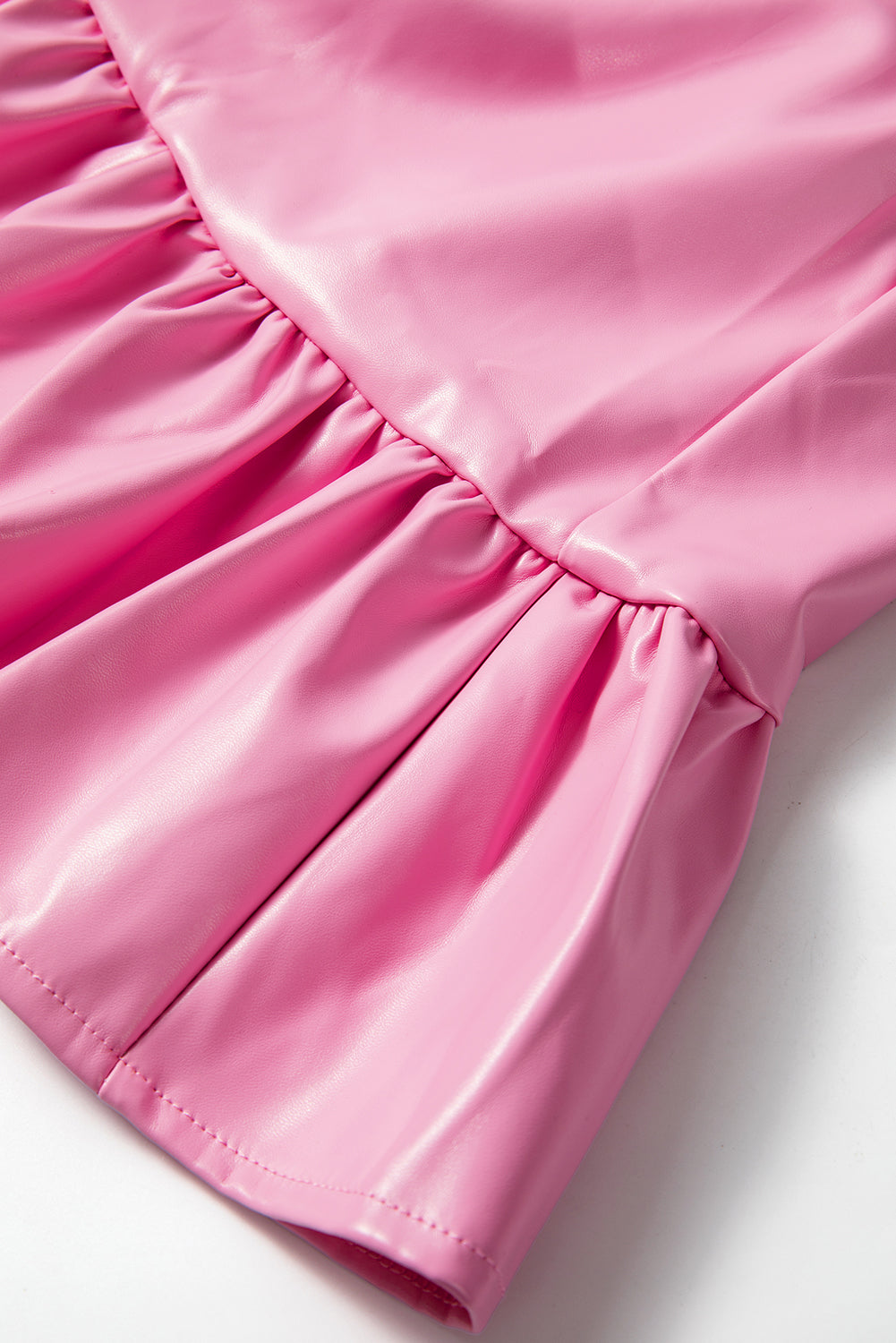 Sachet Pink Pleather Bubble Short Sleeve V Neck Ruffled Hem Mini Dress eAura