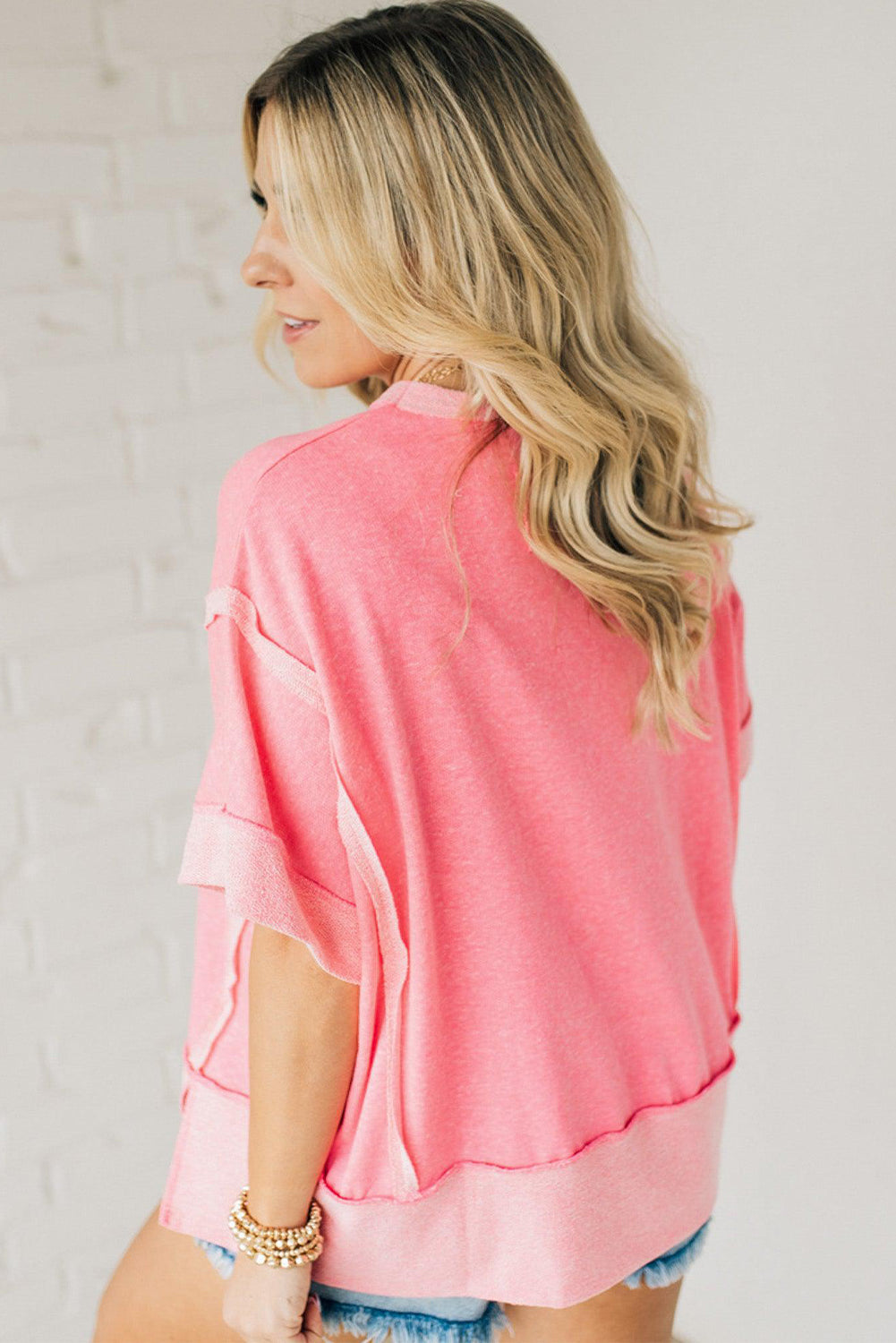 Peach Blossom Half Sleeve Raw Seam High Low Side Split Top - eAura