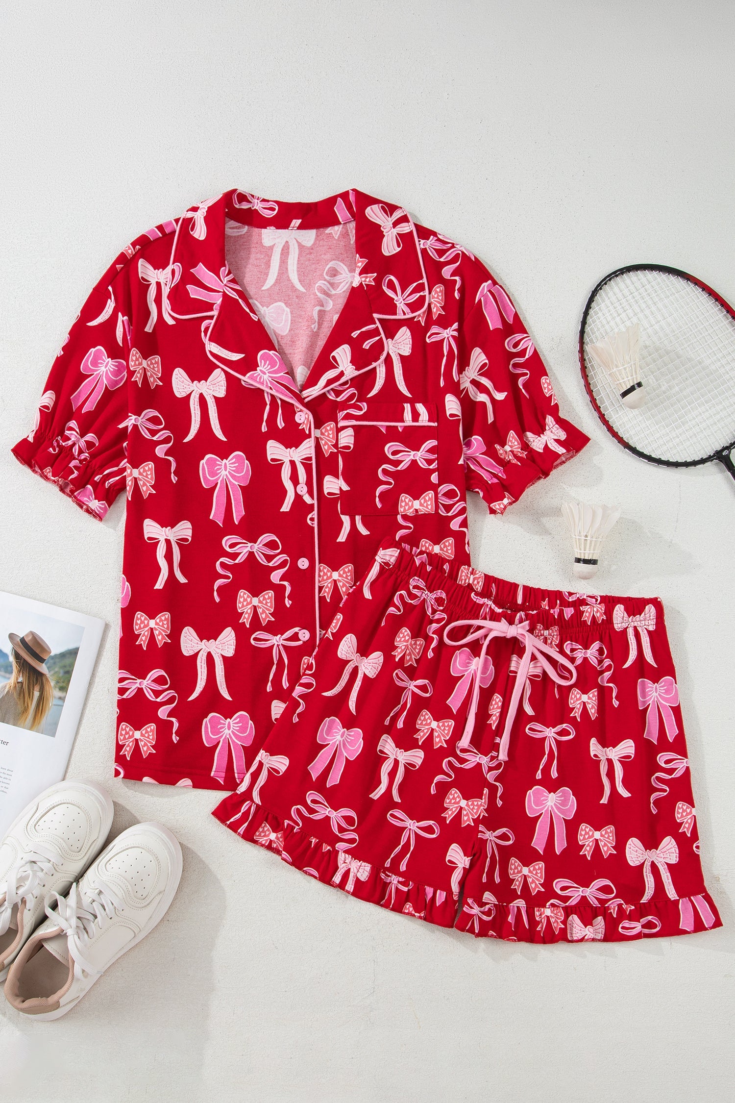 Sweet Bow Print Ruffled Short Sleeve Shirt Shorts Pyjama Set - eAura
