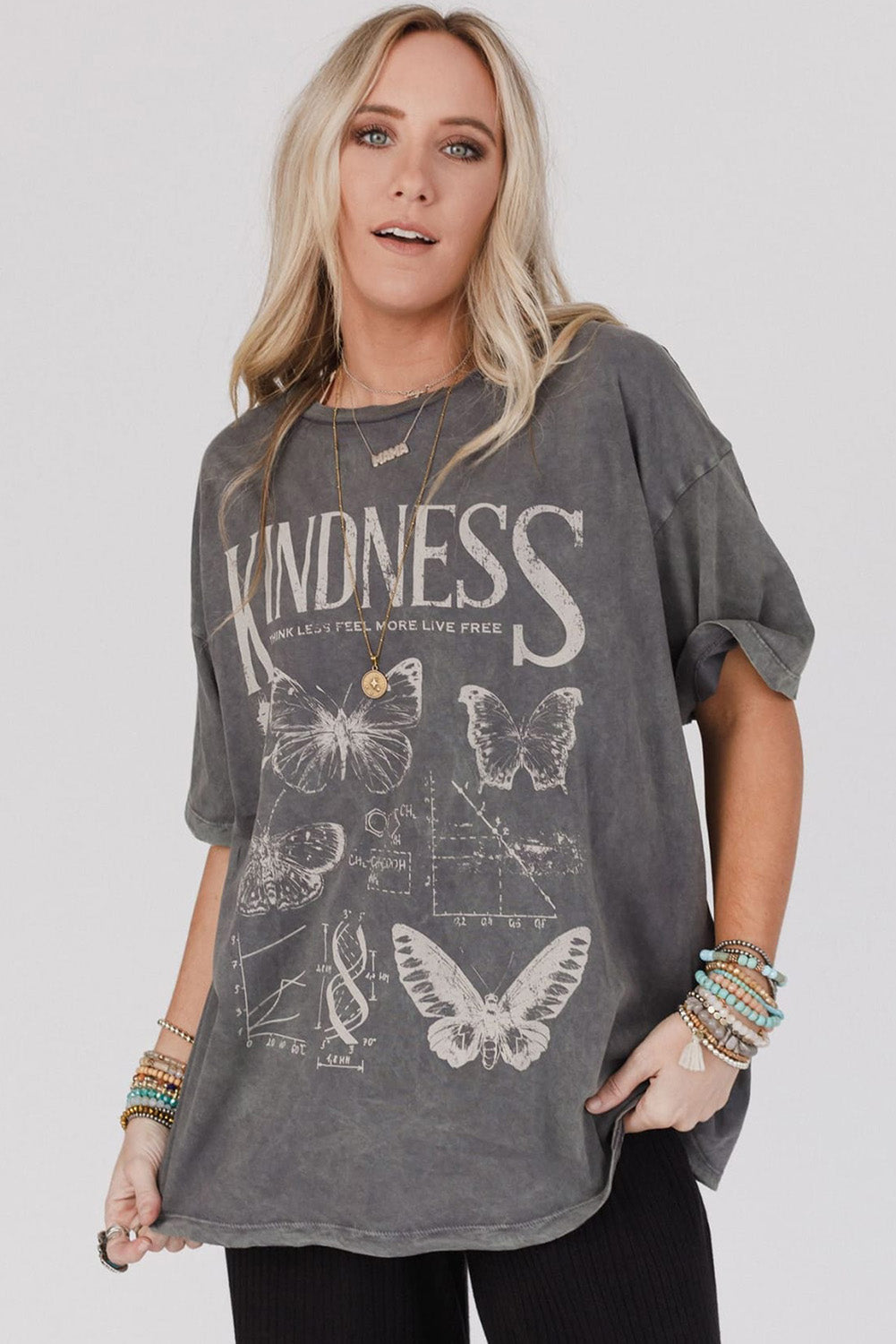Dark Grey Kindness Butterflies Graphic Mineral Wash Loose Tee eAura