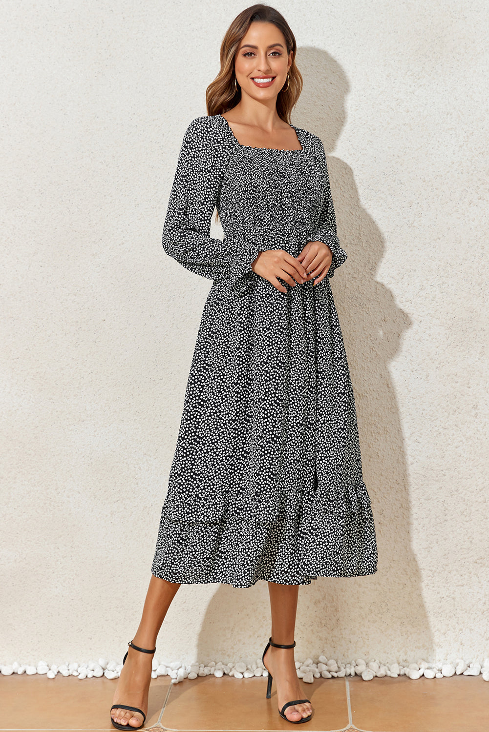 Black Floral Printed Long Sleeve Square Neck Midi Dress eAura
