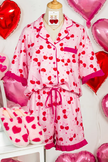 Cherry Bow Mixed Print Scalloped Edge Short Pajama Set – Rose