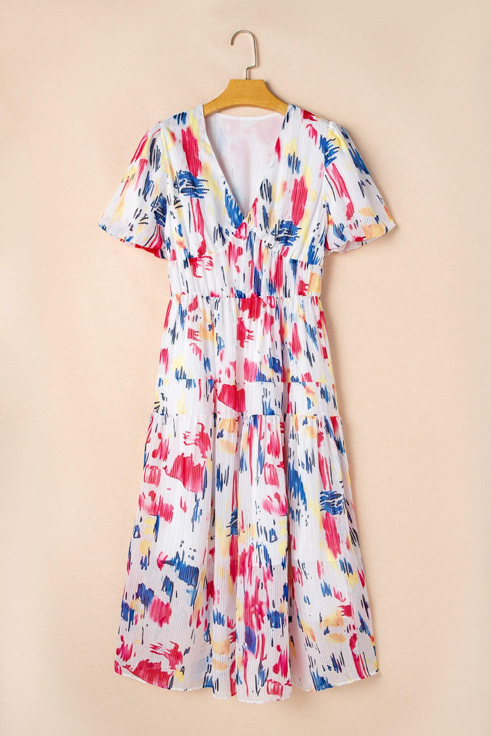 Rose Abstract Print Short Puff Sleeve Tiered Maxi Dress eAura