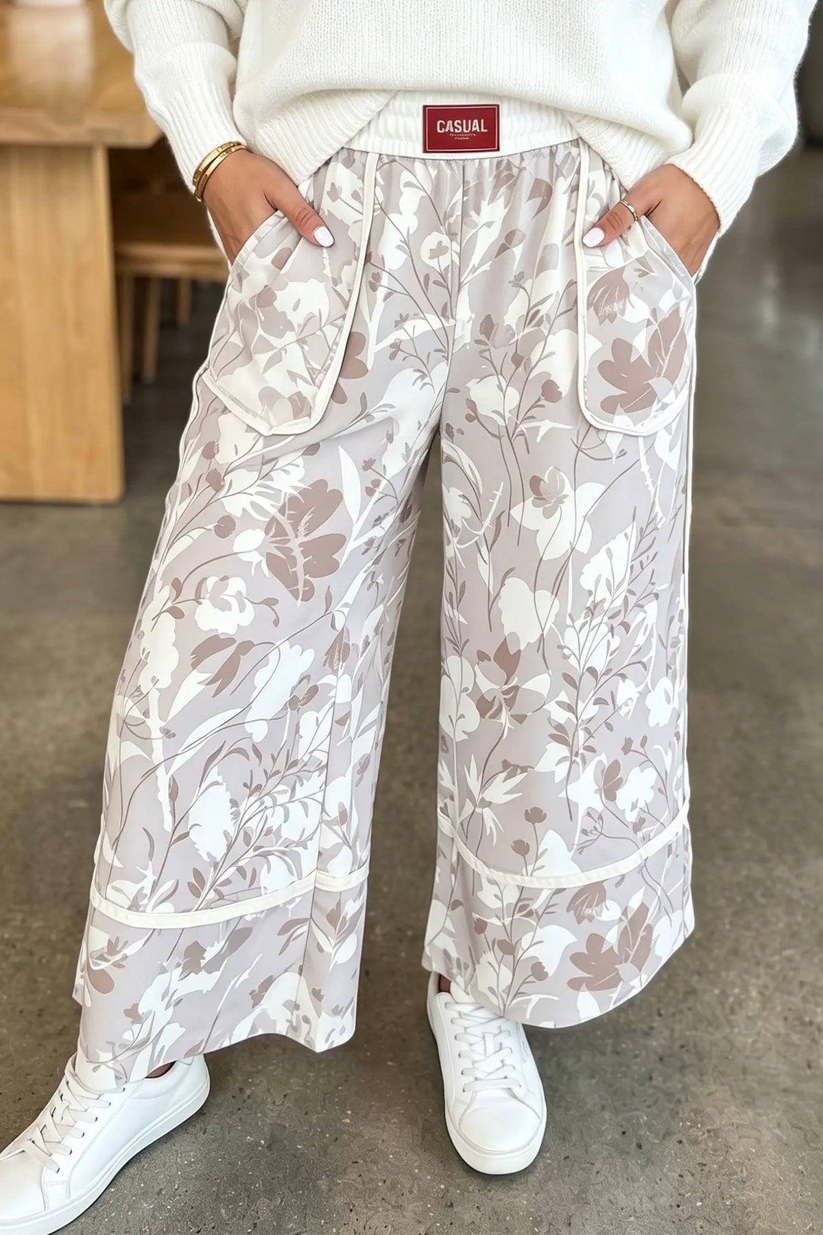 Floral Camo Print Contrast Trim Plus Size Loose Pants – Grey