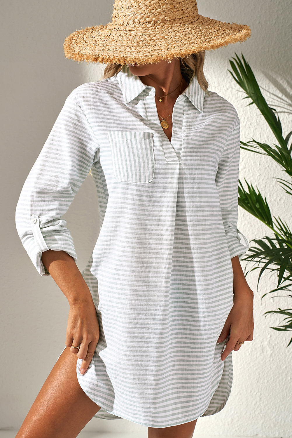 White Stripe Collared V Neck Chest Pocket Long Sleeve Beach Cover up eAura