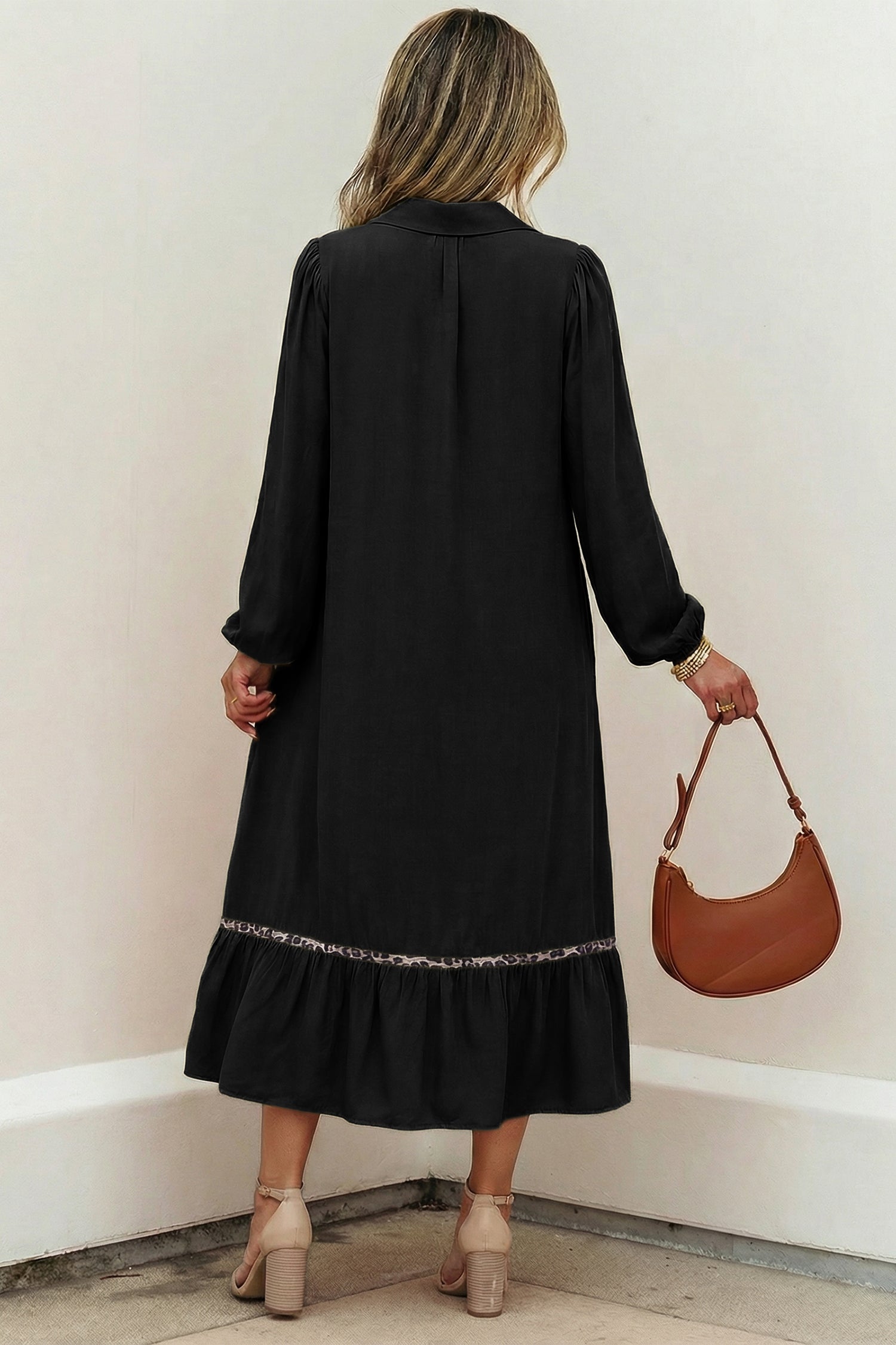 Collared V-Neck Smocked Detail Contrast Leopard Trim Bracelet Sleeve Long Dress