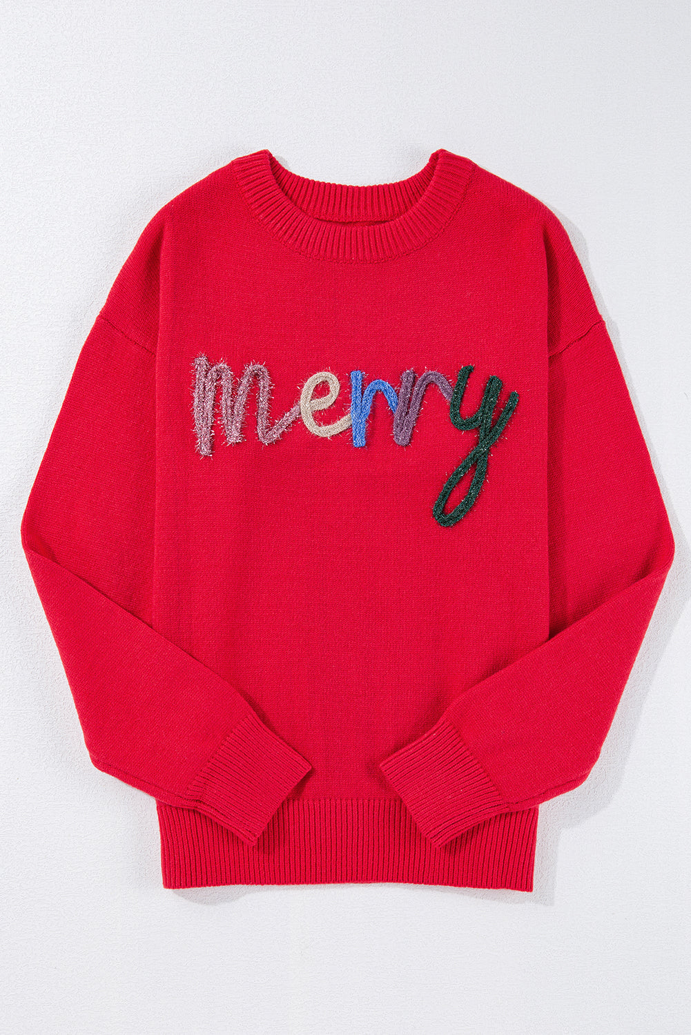 Fiery Red Tinsel Merry Letter Drop Shoulder Baggy Sweater eAura