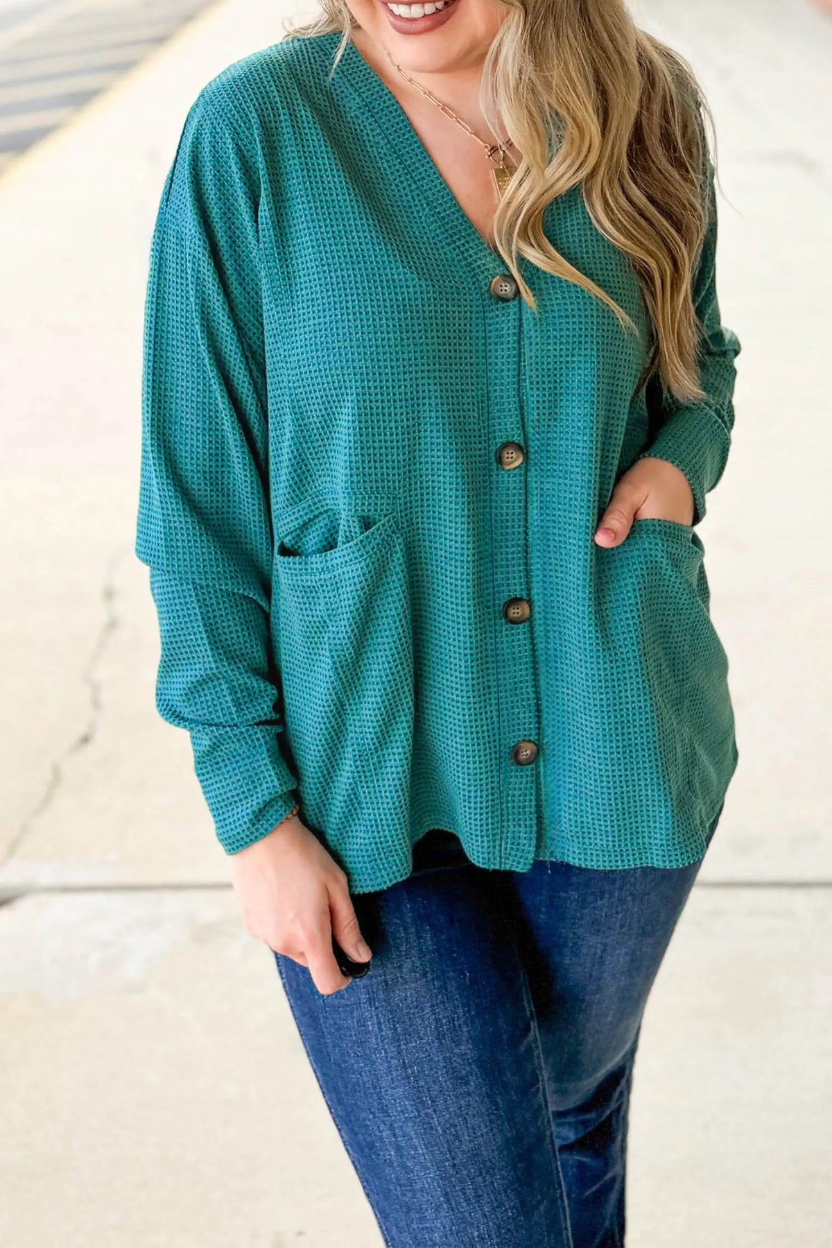 V Neck Waffle Textured Button Front Tunic Long Sleeve Plus Size Cardigan – Lapis