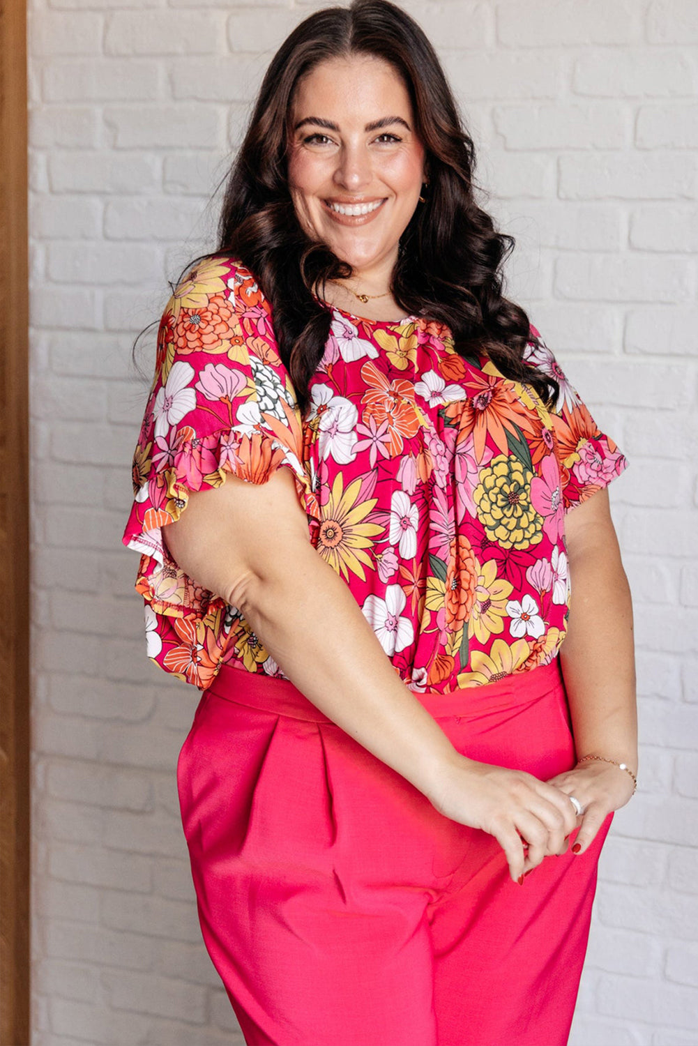 Rose Plus Size Floral Print Ruffle Short Sleeve Blouse BB Fashion Outlet